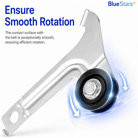 8547174 Dryer Idler Pulley, close-up with blue rotation arrows and “Ensure Smooth Rotation” text