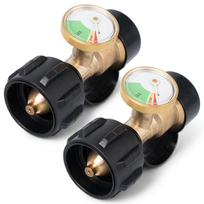 Two propane tank gauge level indicators with QCC1 connectors for RV, grill, and heater cylinders.