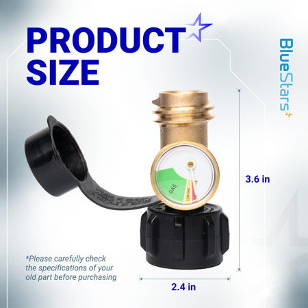 Propane tank gauge adapter with brass fitting and black plastic cap showing 3.6 inch height and 2.4 inch width dimensions.