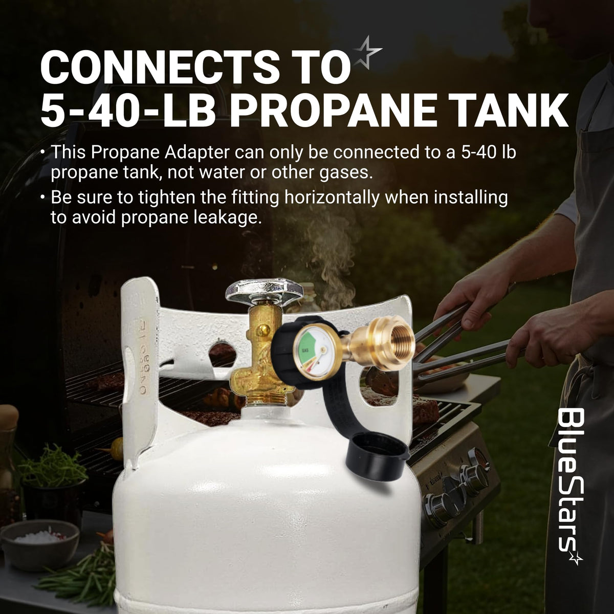 Propane tank adapter with pressure gauge connected to a 5-40 lb propane tank for grill use.