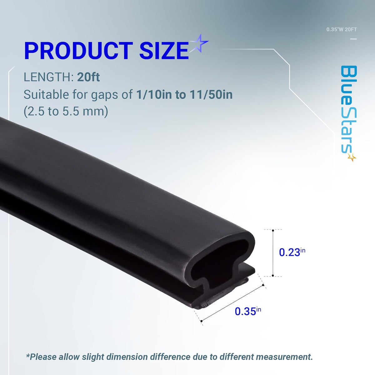 D-shaped weather stripping door seal dimensions chart showing 0.35 inch width and 0.23 inch height.