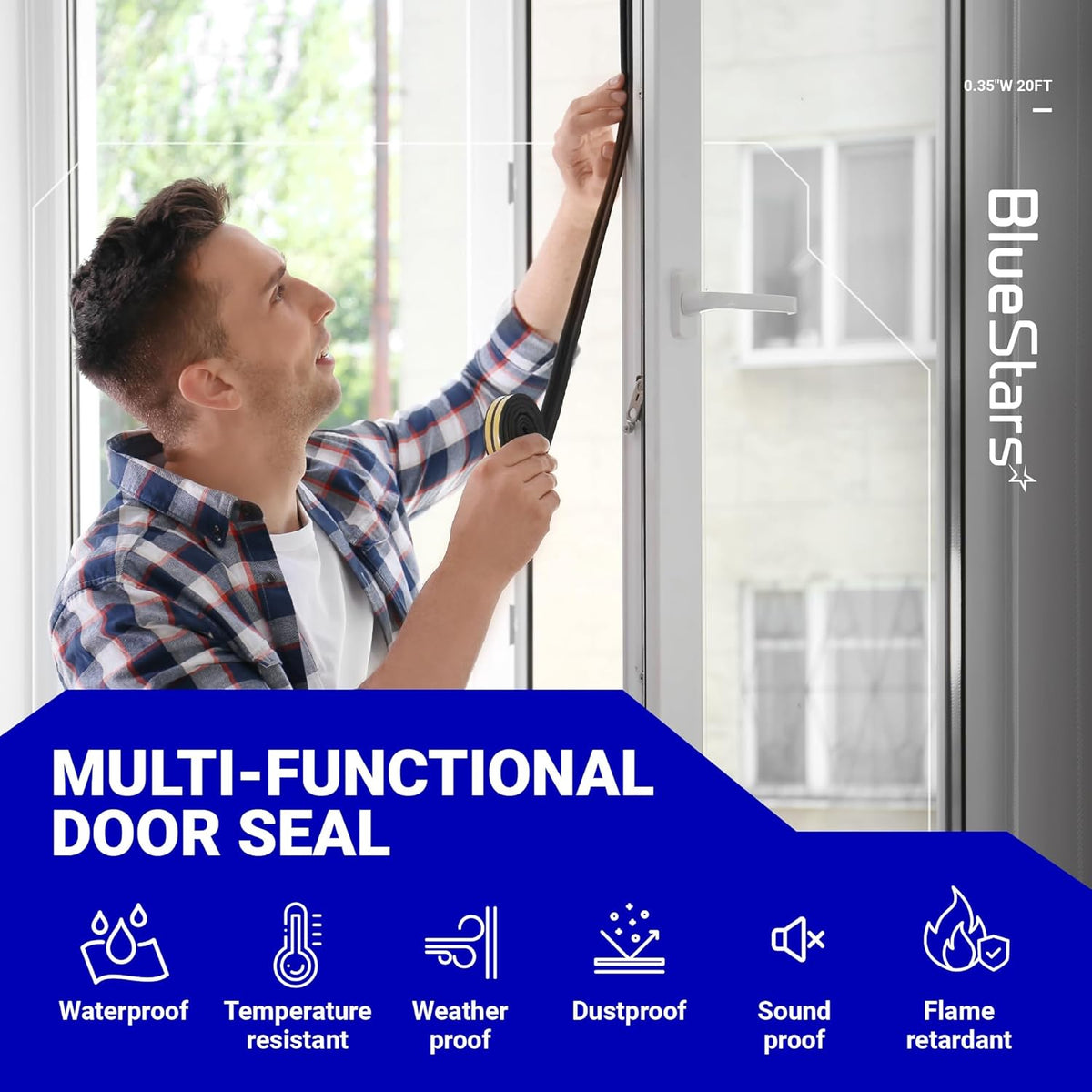Man installing D-shaped soundproof weather stripping door seal on a window frame.