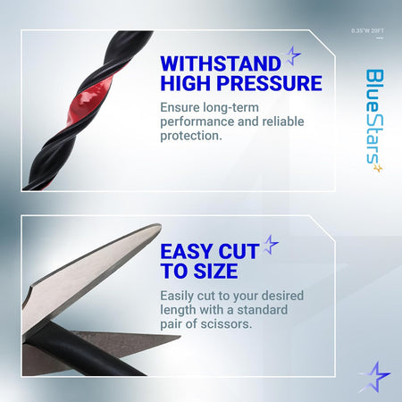 Infographic showing D-shaped weather stripping door seal durability and ease of cutting with scissors.