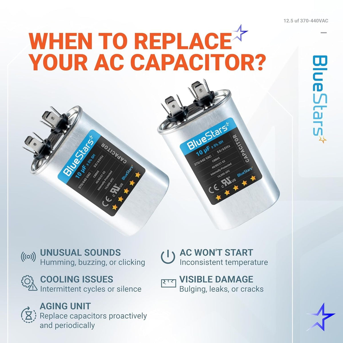 Infographic showing signs to replace a CBB65 run start capacitor for AC condenser and heat pump units.