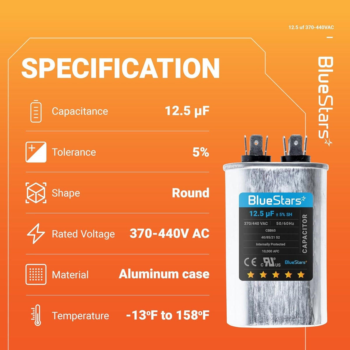 Specification chart for 12.5 uF 370/440 VAC CBB65 run start capacitor with technical details.