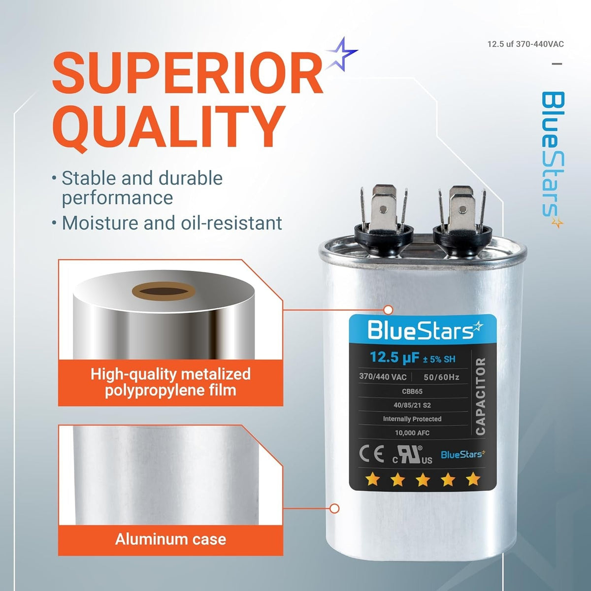 BlueStars 12.5 uF 370/440 VAC CBB65 run start capacitor showing metalized film and aluminum case construction details.