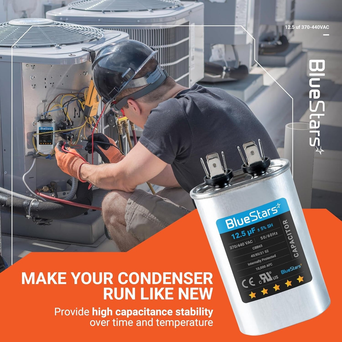 12.5 uF 370/440 VAC CBB65 oval run start capacitor for AC condenser and heat pump repair.