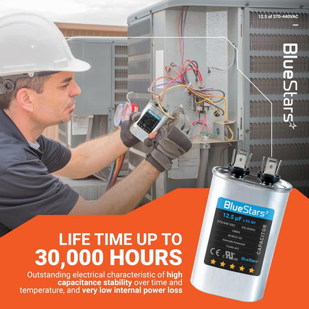 Technician installing a 12.5 uF 370/440 VAC CBB65 oval run start capacitor into an HVAC condenser unit.