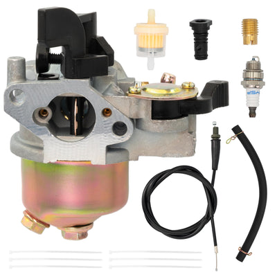 Carburetor kit for mini bike engines including carburetor, throttle cable, fuel filter, spark plug, and accessories.