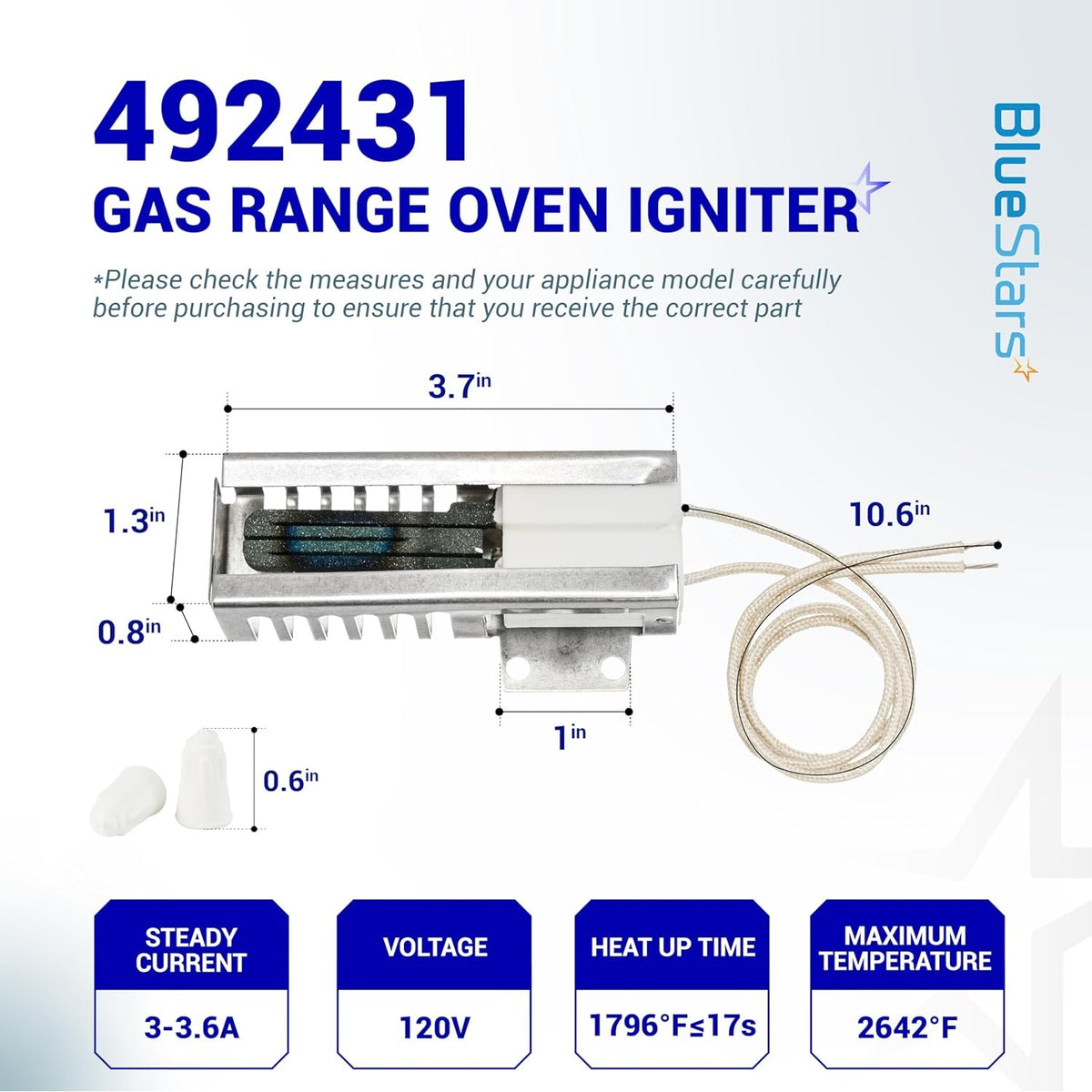 Technical diagram showing dimensions and specifications for 318177710 gas range oven igniter replacement part.