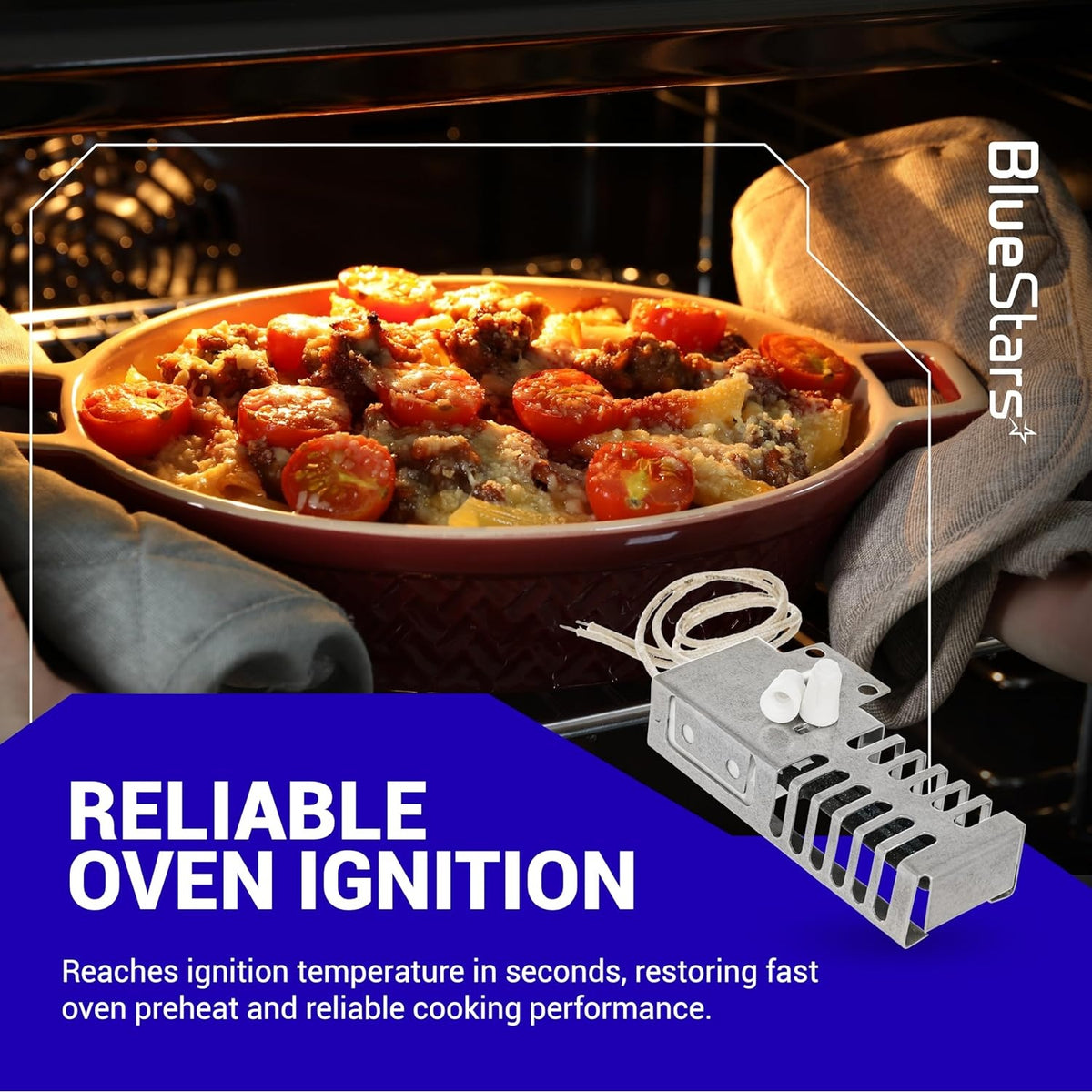 318177710 gas range oven igniter replacement part shown with oven cooking graphic and reliable ignition text overlay.