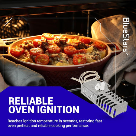 318177710 gas range oven igniter replacement part shown with oven cooking graphic and reliable ignition text overlay.