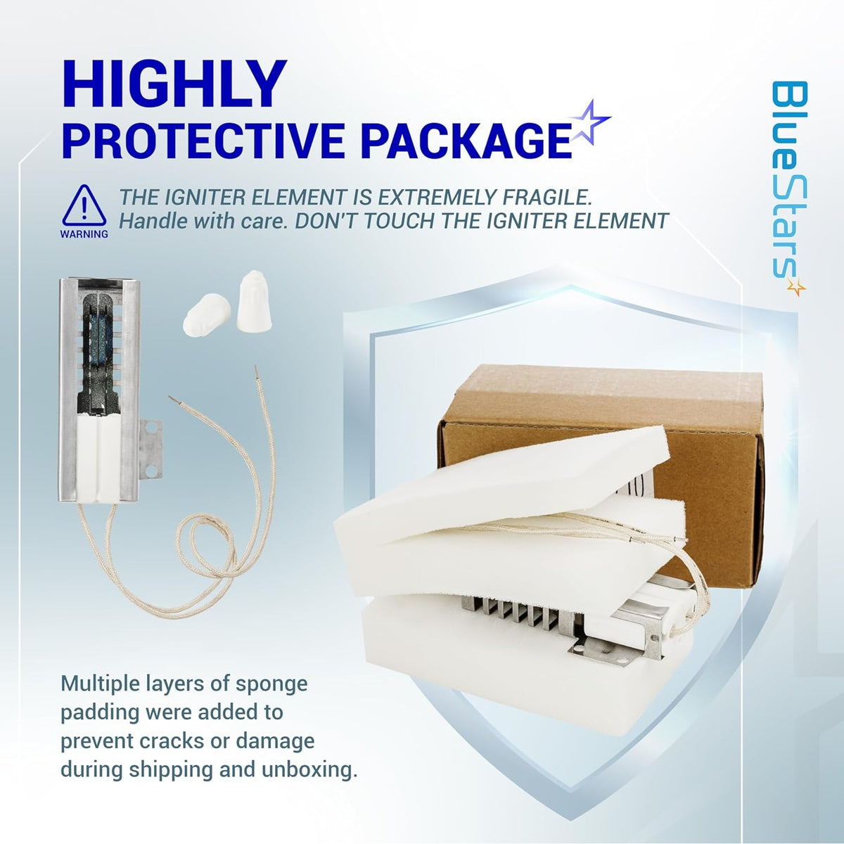 Protective packaging for 318177710 gas range oven igniter with foam padding to prevent damage during shipping.