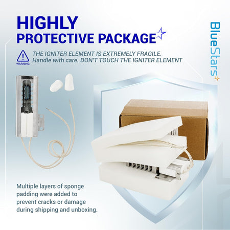 Protective packaging for 318177710 gas range oven igniter with foam padding to prevent damage during shipping.
