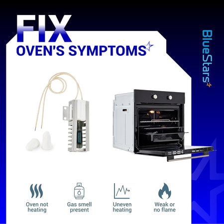 Infographic showing 318177710 gas range oven igniter and common oven heating symptoms.