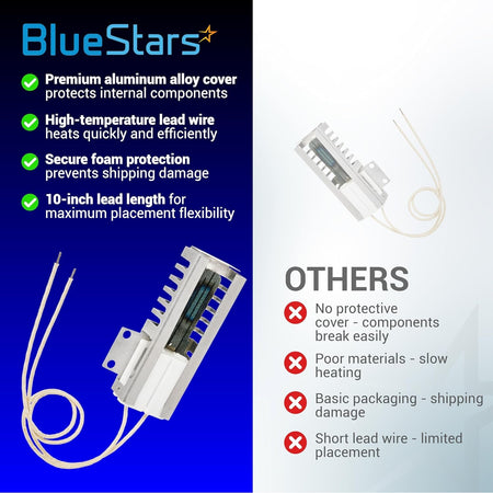 Comparison chart showing BlueStars gas range oven igniter features versus generic alternatives.