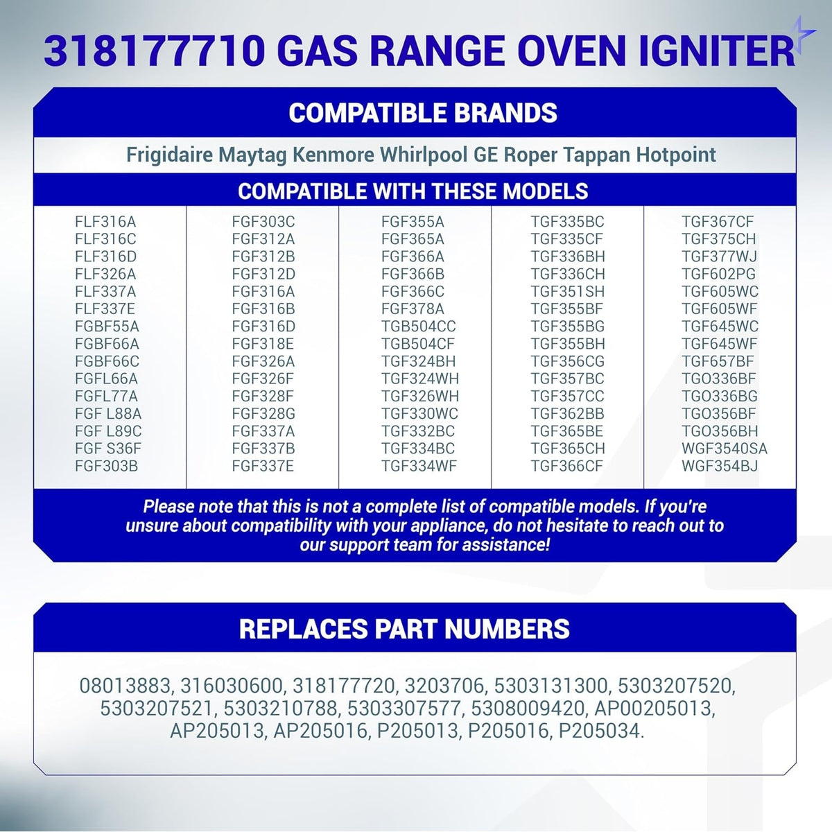 Compatibility chart for 318177710 gas range oven igniter listing compatible brands, models, and replacement part numbers.
