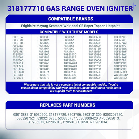 Compatibility chart for 318177710 gas range oven igniter listing compatible brands, models, and replacement part numbers.