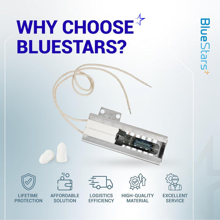 318177710 gas range oven igniter with wire leads and wire nuts, BlueStars brand promotional graphic.