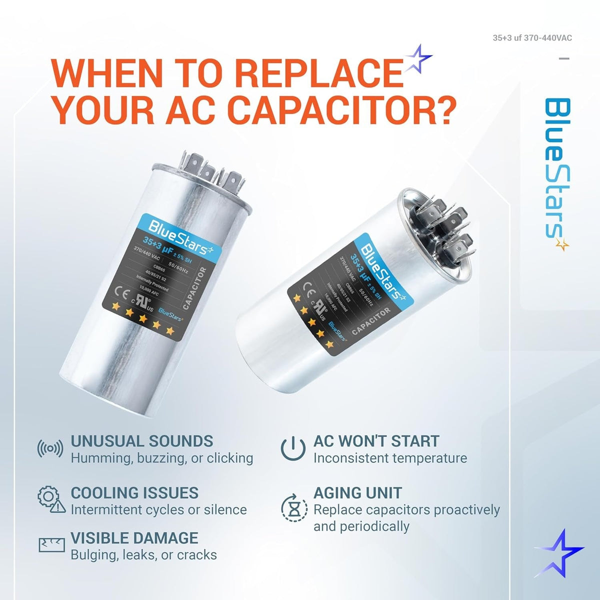 Infographic showing when to replace a 35+3 uF 370/440 VAC dual run round AC capacitor.
