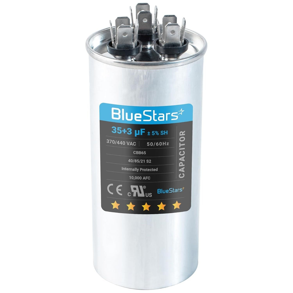 BlueStars 35+3 uF 370/440 VAC round dual run capacitor for AC condenser and heat pump motors.