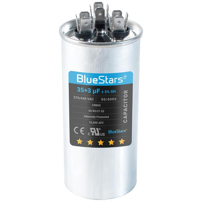 BlueStars 35+3 uF 370/440 VAC round dual run capacitor for AC condenser and heat pump motors.