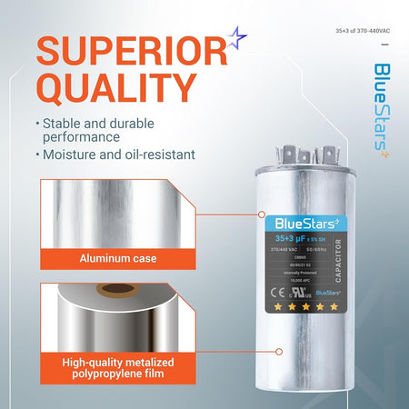 BlueStars 35+3 MFD 370/440 VAC dual run capacitor showing aluminum case and metalized polypropylene film construction.