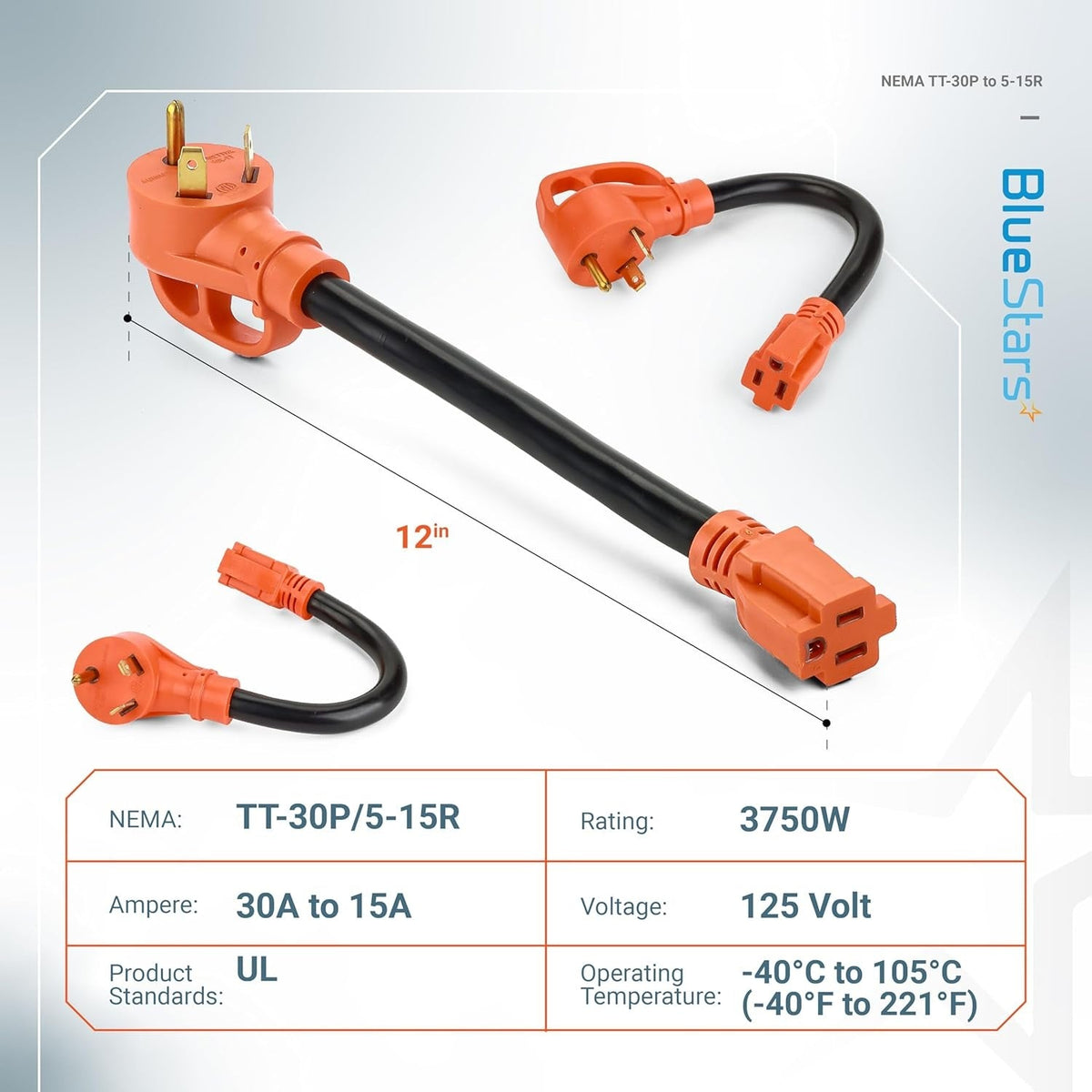12-inch TT-30P to 5-15R adapter cord with technical specifications chart.