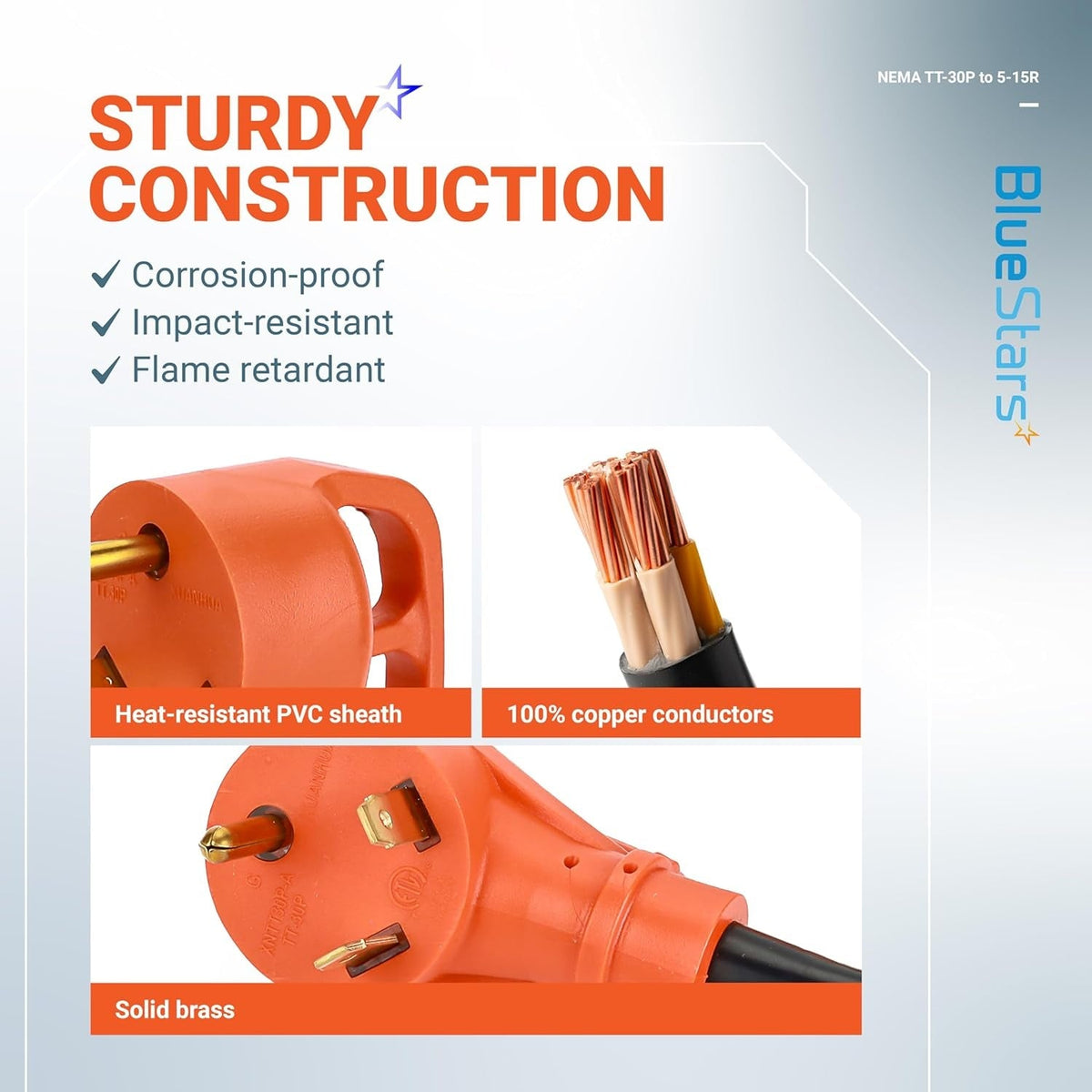 Infographic showing construction details of TT-30P to 5-15R adapter cord with copper conductors and solid brass plug.