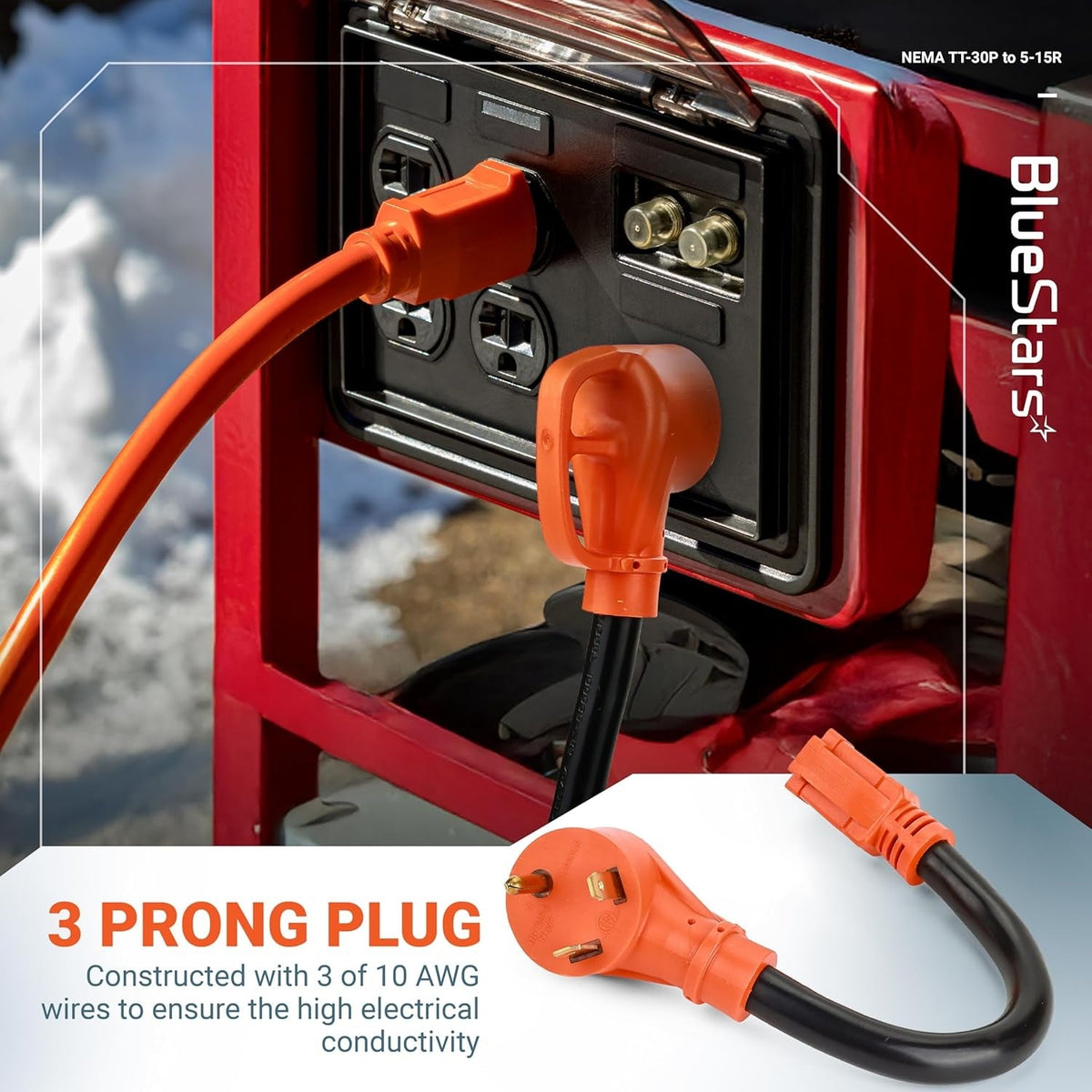 TT-30P to 5-15R adapter cord plugged into a generator outlet with a close-up view of the 3-prong plug.