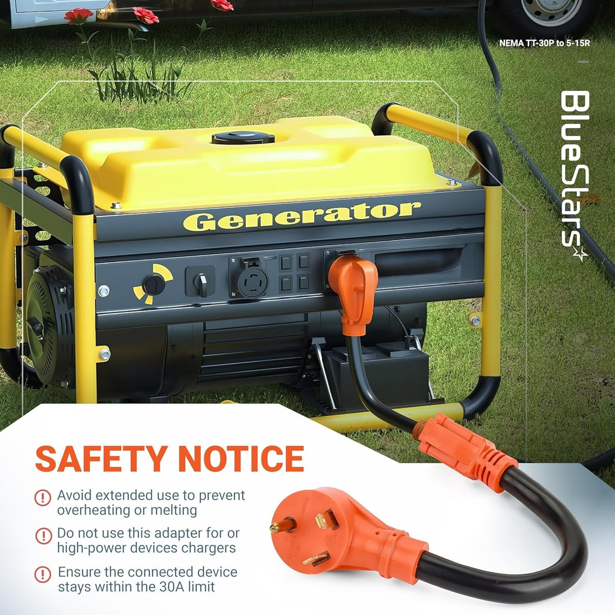 TT-30P to 5-15R adapter cord plugged into a portable generator with safety notice text overlay.