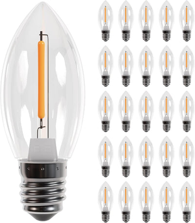 Pack of 25 clear C7 LED candelabra base light bulbs with 0.6W filament design.