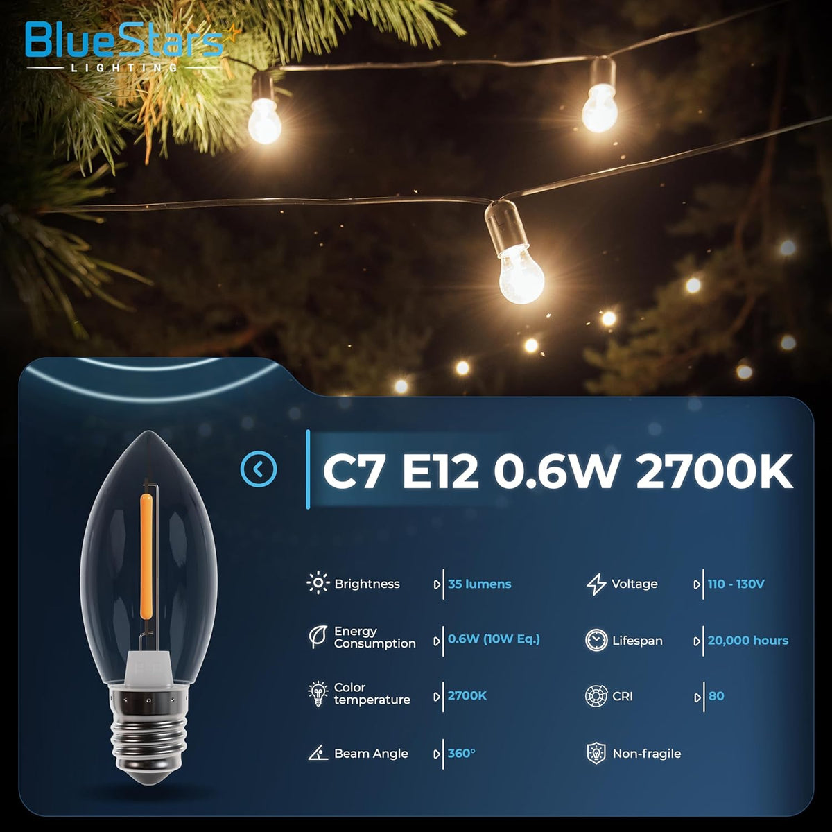 Clear C7 LED light bulb with E12 candelabra base and technical specification chart for 0.6W 2700K lighting.