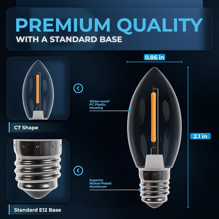 Infographic showing dimensions and features of a clear C7 LED light bulb with an E12 candelabra base.