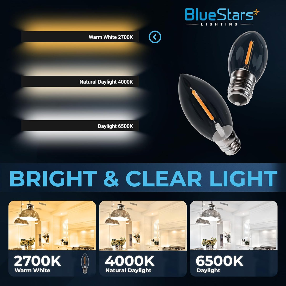 BlueStars C7 LED candelabra light bulbs showing color temperature comparison between 2700K, 4000K, and 6500K.