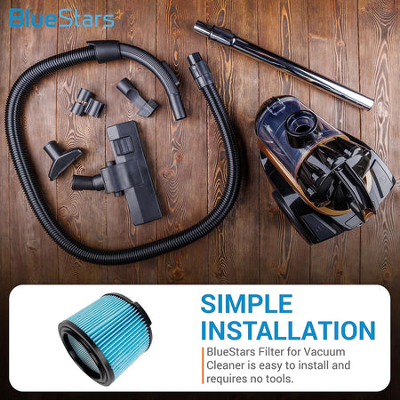 BlueStars VF3500 replacement filter for Ridgid wet dry vacuums shown with vacuum cleaner and accessory attachments.