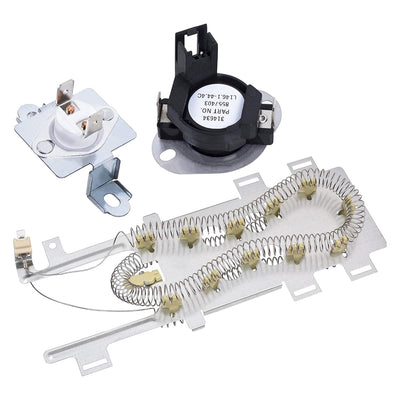 Dryer heating element, high limit thermostat, and thermal fuse kit for Whirlpool and Kenmore dryers.