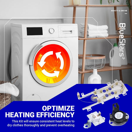 Dryer heating element and thermal cut-off kit for Whirlpool and Kenmore dryers with heating efficiency graphic.