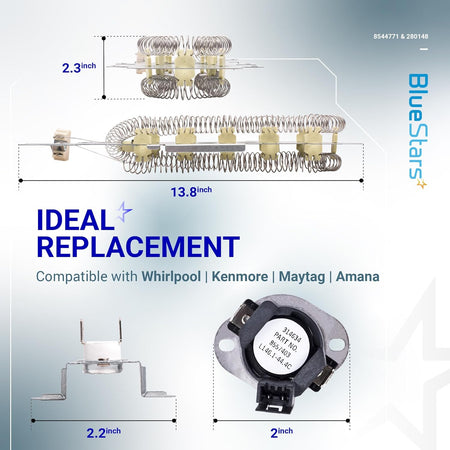 Dryer heating element and thermal cut-off kit with dimensions for Whirlpool and Kenmore dryers.