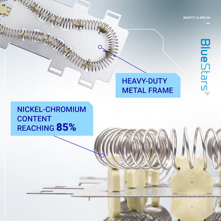 Close-up of 8544771 dryer heating element showing metal frame and nickel-chromium heating coils for Whirlpool dryers.