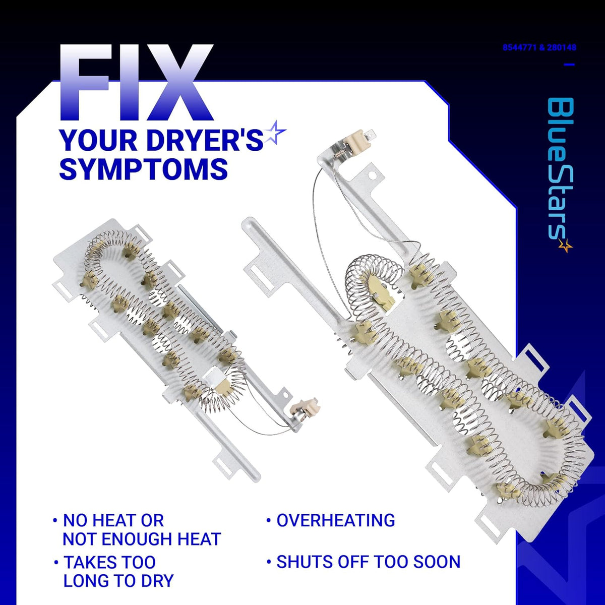 Two 8544771 dryer heating element assemblies for Whirlpool and Kenmore dryers shown on a diagnostic info graphic.