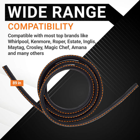 W10509257 89-inch dishwasher door gasket with wide brand compatibility information graphic.