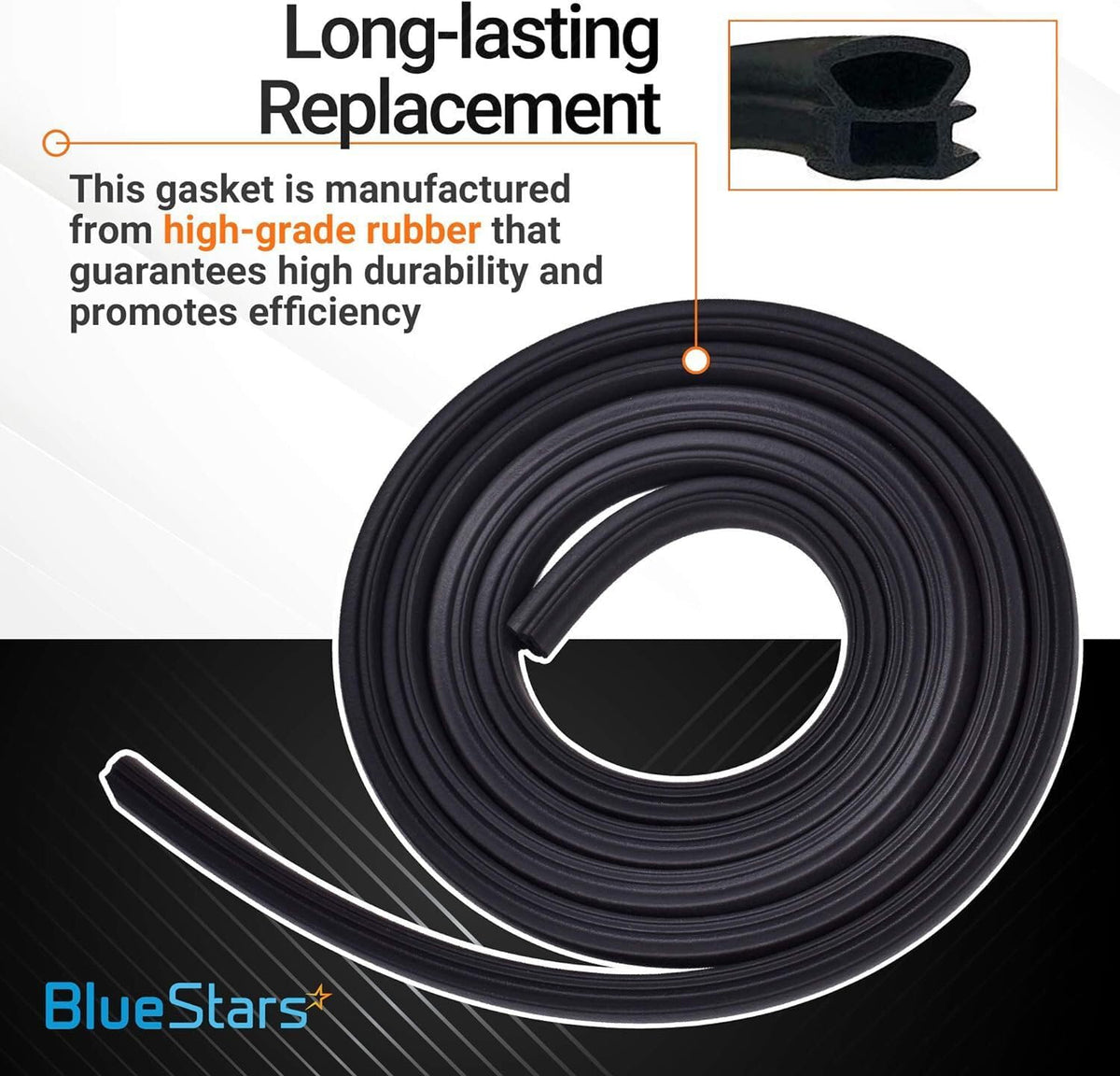W10509257 dishwasher door gasket coil with close-up view of high-grade rubber seal profile.