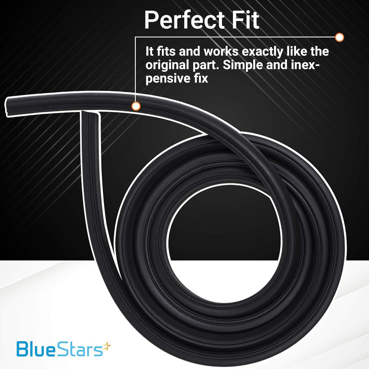 Coiled black W10509257 dishwasher door gasket replacement part with Perfect Fit text overlay.