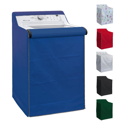 Blue premium outdoor washing machine cover for top-load washers with color options shown on the side.