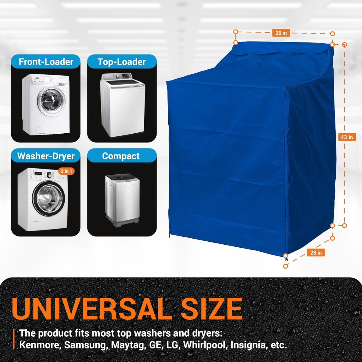 Blue outdoor washing machine cover with dimension diagram and compatibility guide for top-load and front-load washers.