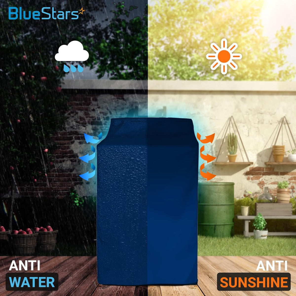 Blue top-load washing machine cover demonstrating waterproof and sun-resistant outdoor protection.