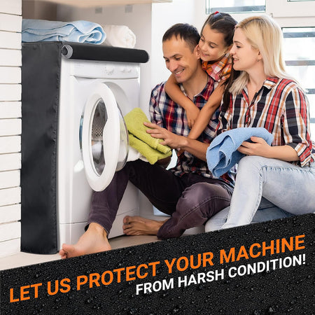 Family folding laundry next to a black premium outdoor washing machine cover installed on a front-load washer.