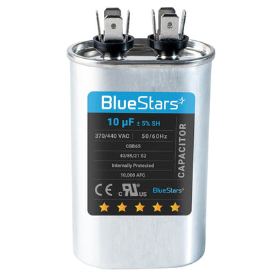 10 uF 370/440 VAC CBB65 oval run start capacitor for AC unit fan motors and pool pumps.