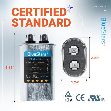 10 uF 370/440 VAC CBB65 oval run capacitor with dimensions and terminal view for AC fan motors and pool pumps.